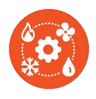 HVAC maintenance logo featuring a gear surrounded by symbols of heating, cooling, and humidity, representing Pace's Comfort Cooling's comprehensive climate control services.
