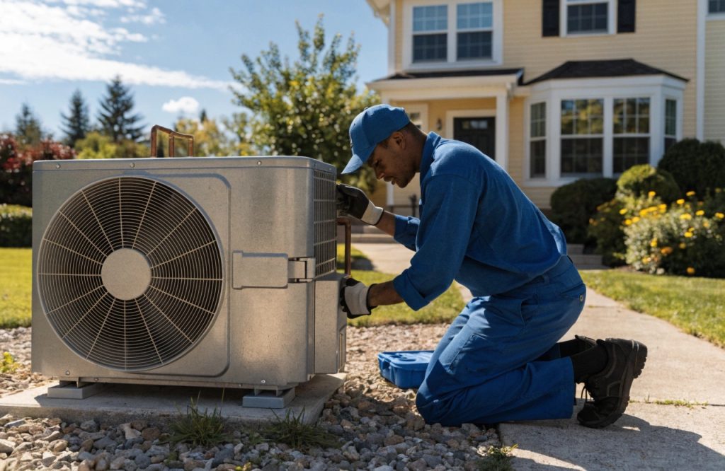 HVAC technician servicing AC unit outdoors